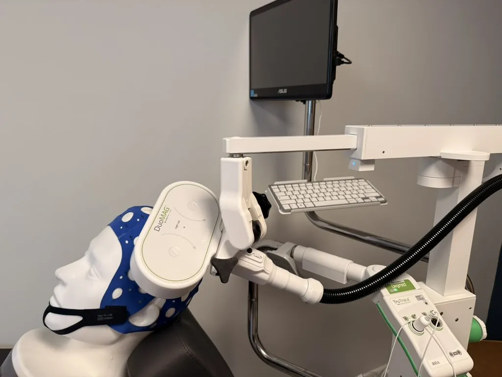 Bobine de rTMS (DuoMAG) positionnée sur la tête à l'aide du bras robotisé