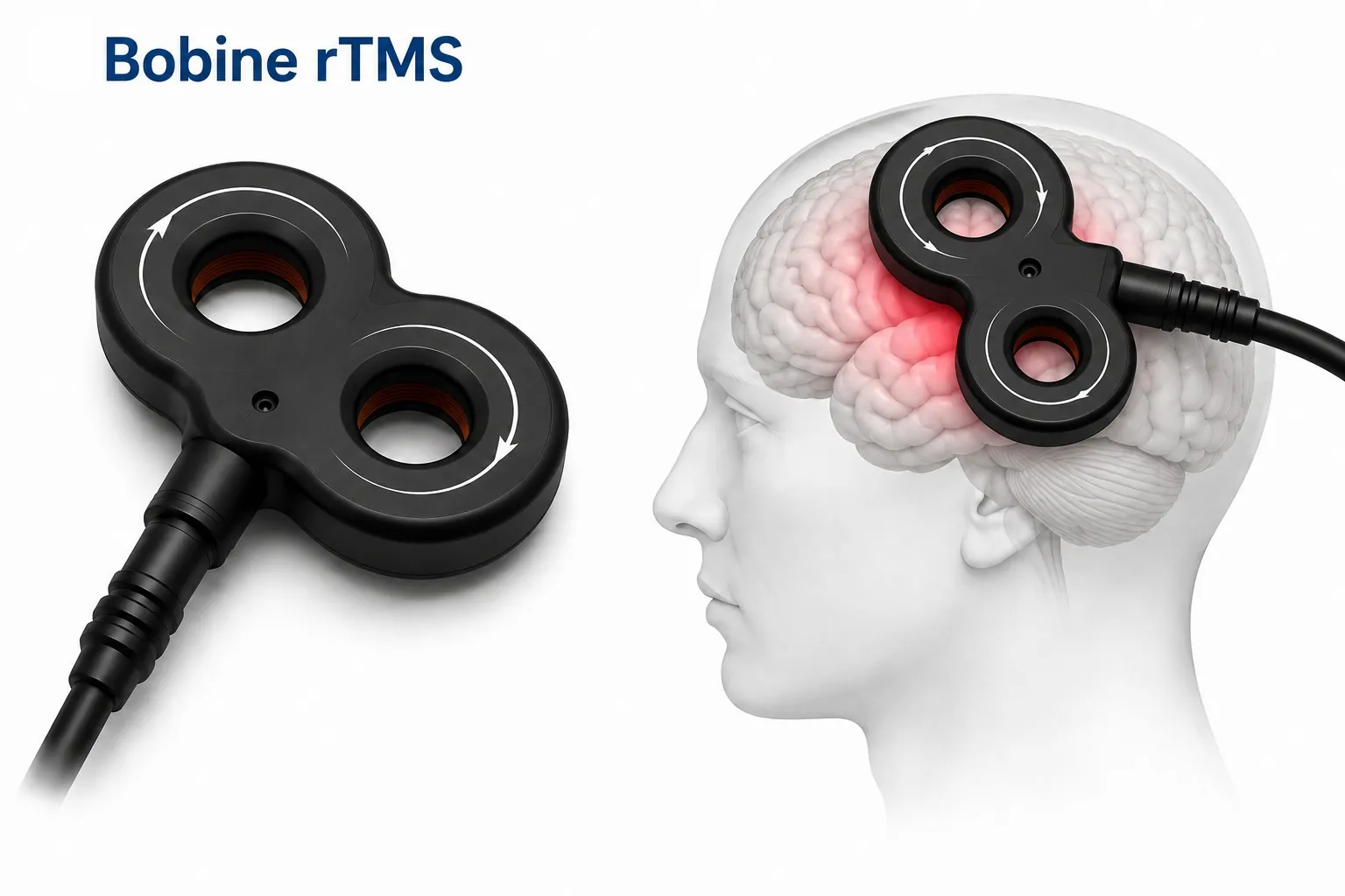 Bobine de rTMS en forme de 8, posée sur la tête pour cibler une région du cerveau